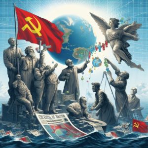 Illustration présentant des jalons et des personnages de l'histoire socialiste dans un décor futuriste avec des éléments célestes et maritimes, intégrant une critique politique.
