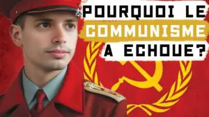 Young man in red military uniform with cap, posing in front of a graphic with the text "Why did Communism fail?" and a yellow hammer and sickle symbol.