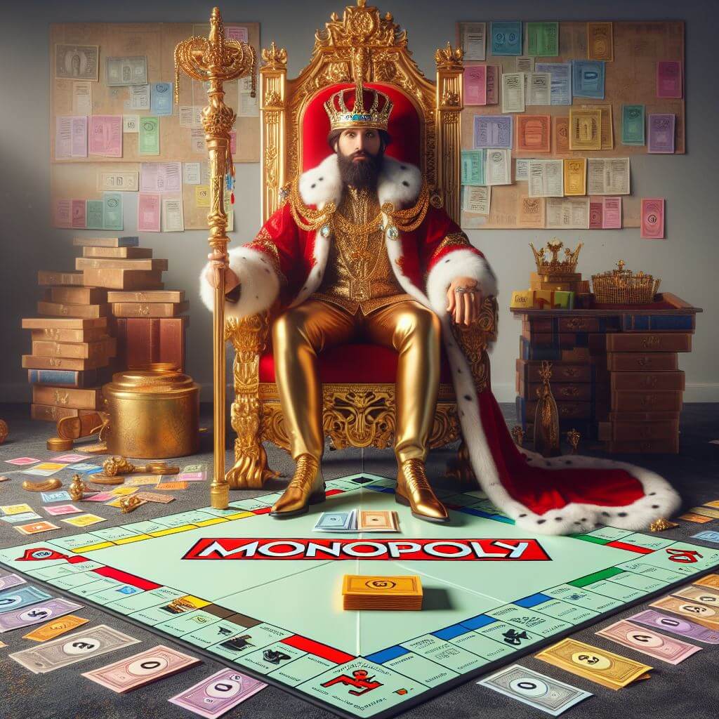 A man dressed as a monarch, seated on a gilded throne, surrounded by Monopoly money, properties and game pieces in a sumptuous hall.