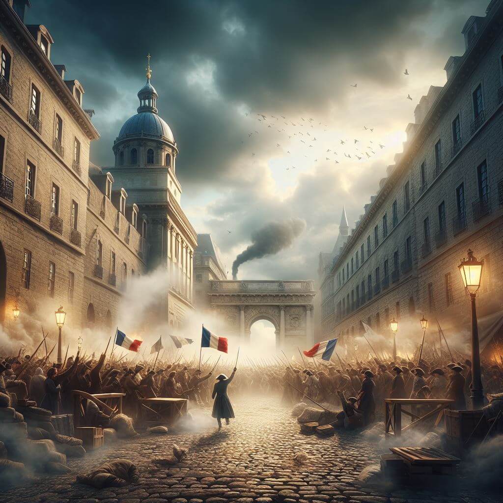 A dramatic scene depicting a revolutionary event with a solitary figure standing amidst a crowd holding flags, surrounded by historic buildings and smoke, under a cloudy sky influenced by the fall of the monarchy.