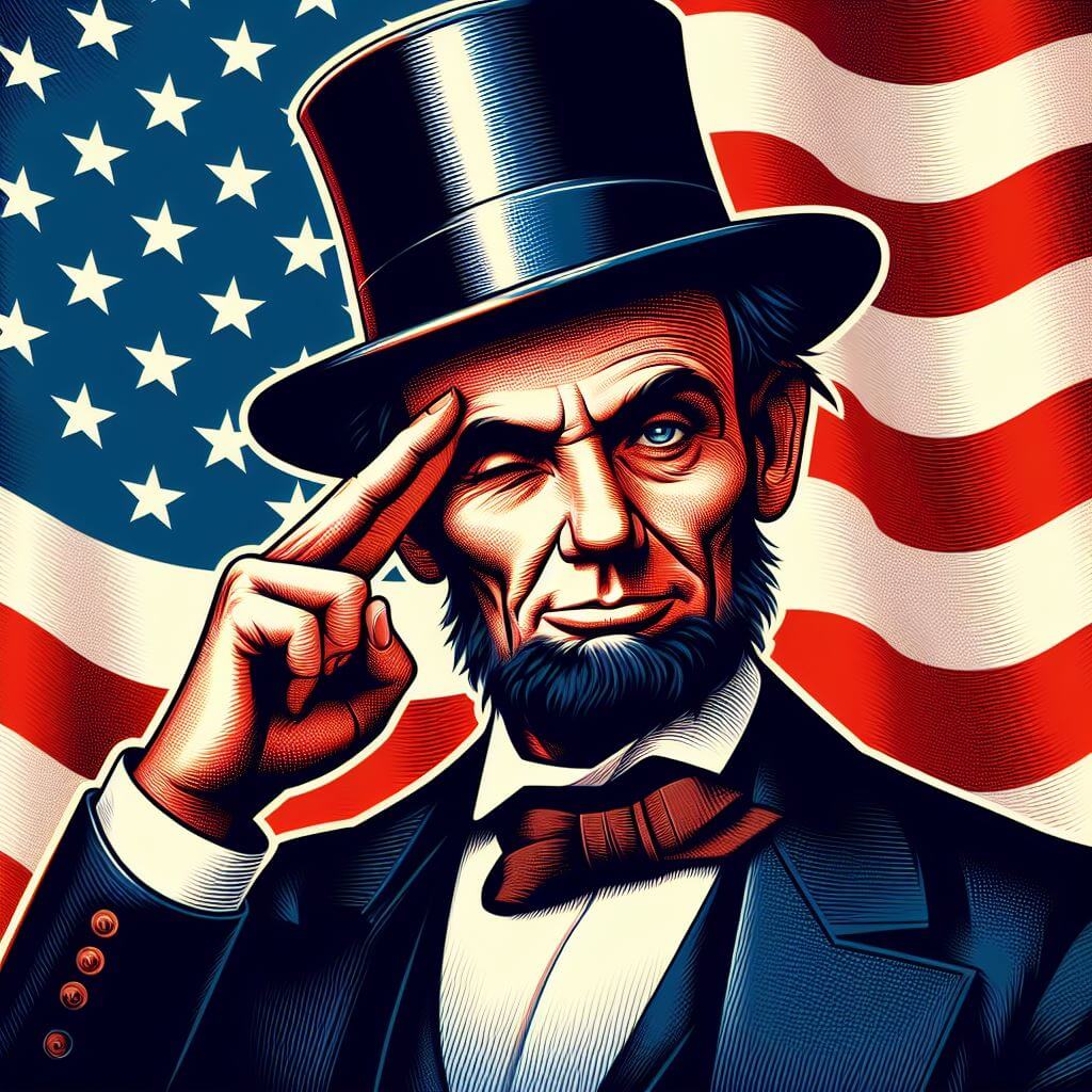 Illustration d'Abraham Lincoln dans un chapeau haut de forme saluant, avec un drapeau américain et des symboles du capitalisme en arrière-plan.