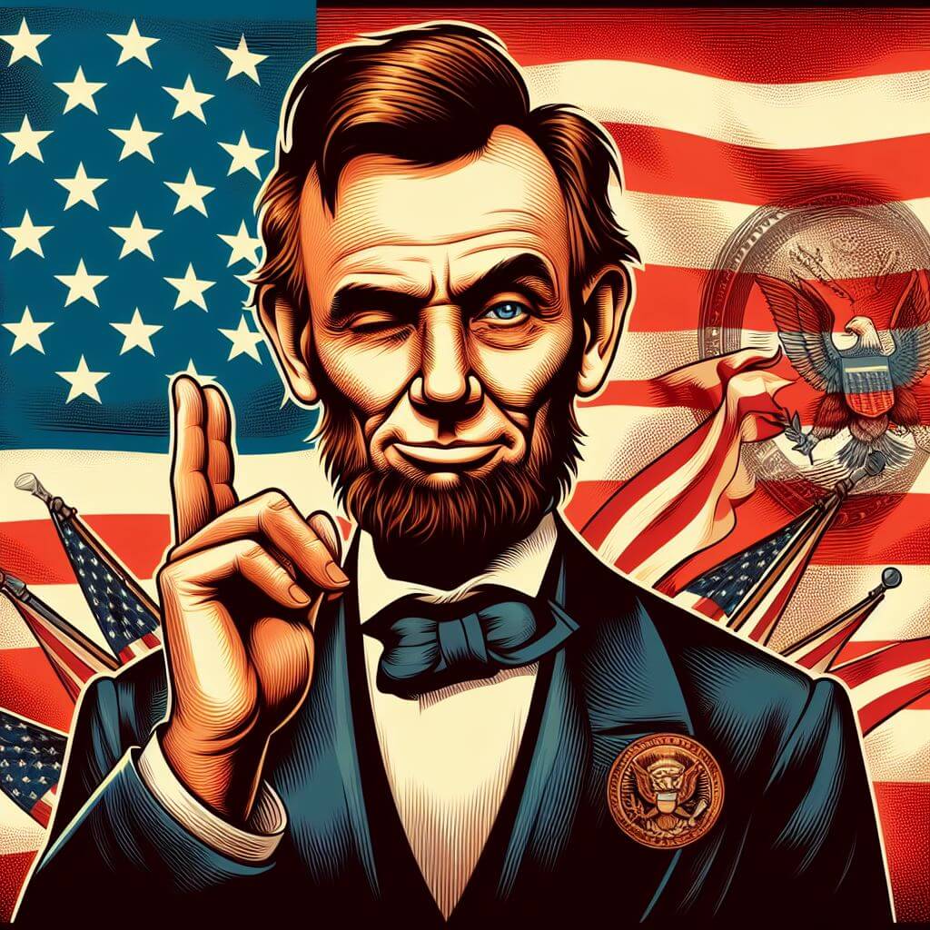 Illustration of Abraham Lincoln on an American flag background, with a presidential seal and an eagle, symbolizing the unbridled race of capitalism.