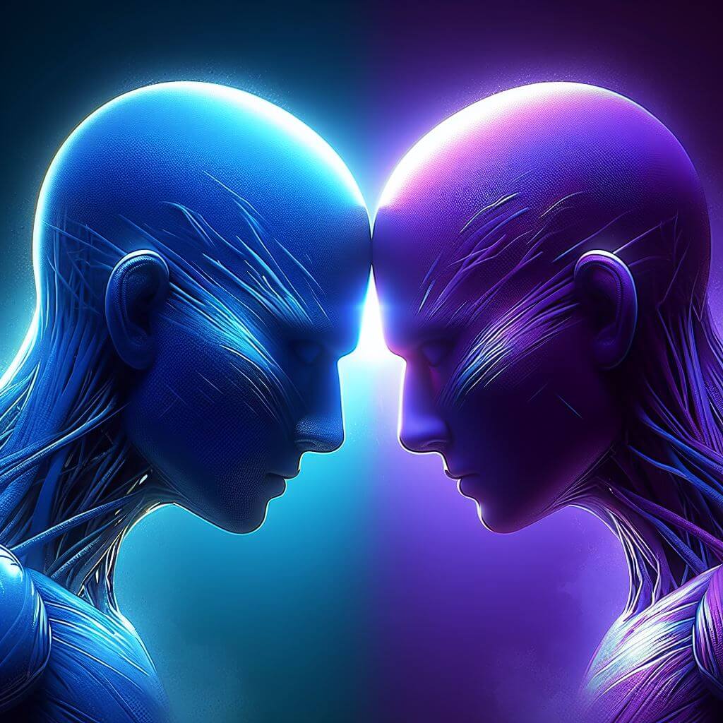 Deux avatars numériques avec un éclairage bleu néon et violet, incarnant la différence entre eux, se faisant face de profil.