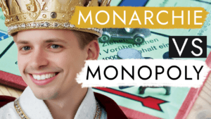 Young man wearing a *crown*, smiling, with superimposed text "monarchy vs. monopoly" and a monopoly sign partially visible in the background.