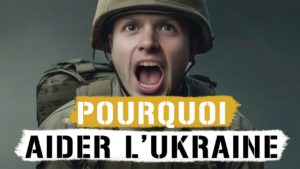 Un soldat portant un casque et un équipement tactique semble surpris ou alarmé sur un fond sourd avec le texte « guerre en ukrainemark » en gras.