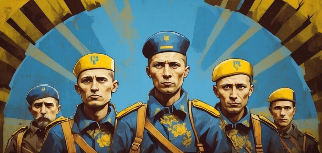 Illustration de cinq soldats au visage solennel en uniformes bleus et jaunes, représentant l’Ukraine, sur un fond bleu et jaune rayonnant.