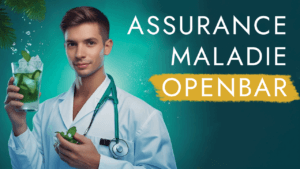 A doctor in a white coat holds a drink with a mint and lime garnish. The text on the image reads "Assurance Maladie Open Bar".