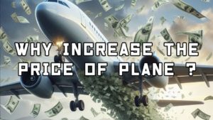 A plane in flight surrounded by flying dollar bills. The text "WHY INCREASE AIRPLANE PRICES?" is superimposed on the image.