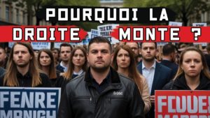 Un groupe de personnes tenant des pancartes en français, avec un texte superposé demandant « POURQUOI LA DROITE MONTE ? » Les individus sont rapprochés et ont des expressions sérieuses, reflétant la tension qui entoure la politique actuelle.